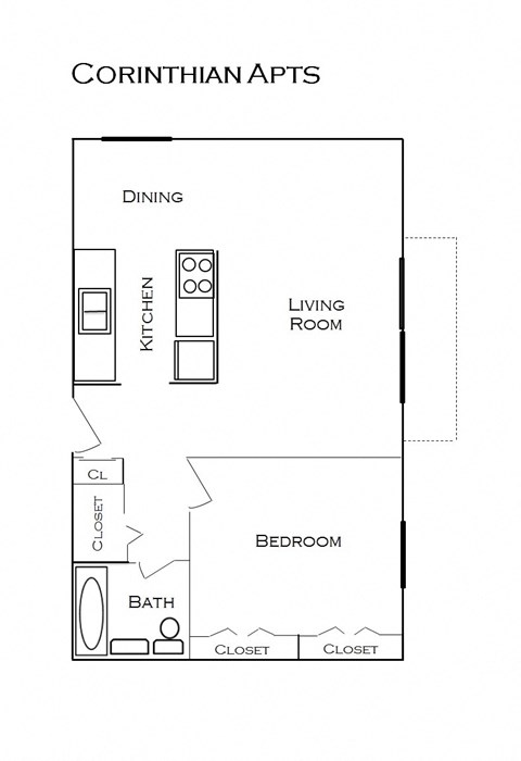 Floor plan for 1 bed, 1 bath, 670 sqft